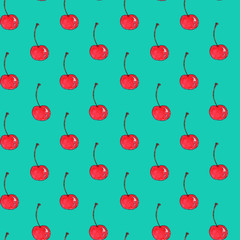 Seamless berry pattern in nice bright colors. Hand drawn watercolor background on blue. Endless cherry on a plain background. Good for textile, wrapping, wallpapers, paper and card design. 