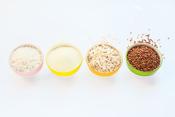 Semolina, porridge, rice, buckwheat. Set of various