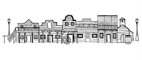 America Wild West town landscape. Hand drawn outline sketch doodle vector illustration 