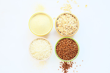 Semolina, porridge, rice, buckwheat. Set of various
