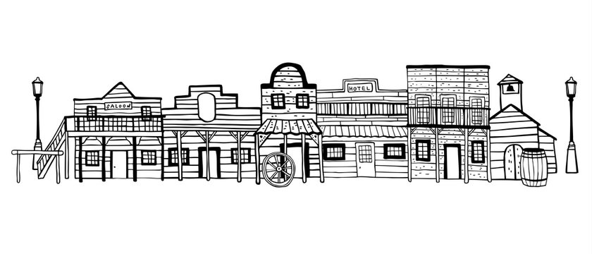 America Wild West town landscape. Hand drawn outline sketch doodle vector illustration 