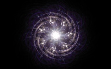 Abstract background image of a rotating fantastic star with white rays and spiral twists of lilac color around on a black background.