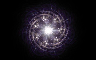 Abstract background image of a rotating fantastic star with white rays and spiral twists of lilac color around on a black background.