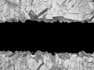 Dark cracked broken hole in concrete wall. Grunge background