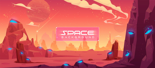 Space background, alien fantasy landscape with rocks and craters with blue liquid inside, orange planet empty surface, cloudy sky and falling comet, computer game backdrop, cartoon vector illustration © vectorpouch