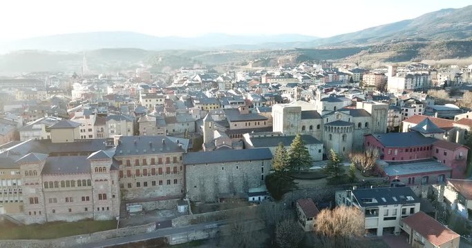 Aerial view of Spanish city of la Seu d'Urgell with Romanesque Cathedral of Santa Maria in autumn day