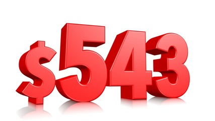 543$ Five hundred forty three price symbol. red text number 3d render with dollar sign on white background