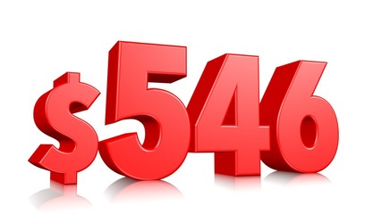 546$ Five hundred forty six price symbol. red text number 3d render with dollar sign on white background