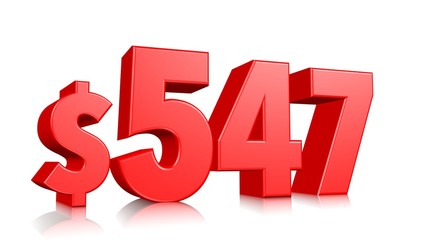 547$ Five hundred forty seven price symbol. red text number 3d render with dollar sign on white background