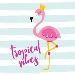 tropical vibes - Motivational quotes. Hand painted brush lettering with flamingo. Good for t-shirt, posters, textiles, gifts, travel sets.