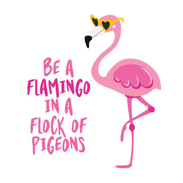 Be a flamingo in a flock of pigeons - Motivational quotes. Hand painted brush lettering with flamingo. Good for t-shirt, posters, textiles, gifts, travel sets.