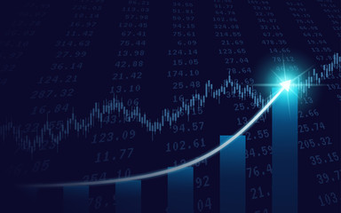 Widescreen Abstract financial graph with uptrend line and bar chart of stock market on blue color background