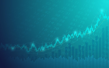 Widescreen Abstract financial graph with uptrend line and bar chart of stock market on blue color background