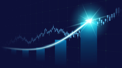 Fototapeta premium Widescreen Abstract financial graph with uptrend line and glowing arrow in stock market on blue color background