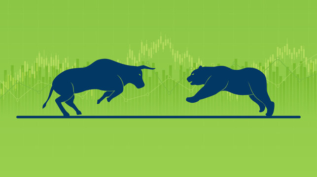 Abstract financial chart with bulls and bear in stock market on green color background
