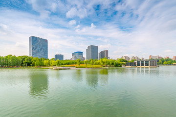 Fototapeta premium Lakeside Cityview, Daning Tulip Park, Shanghai, China
