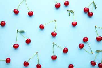 Cherry pattern. Flat lay of cherries on a blue background.Top view
