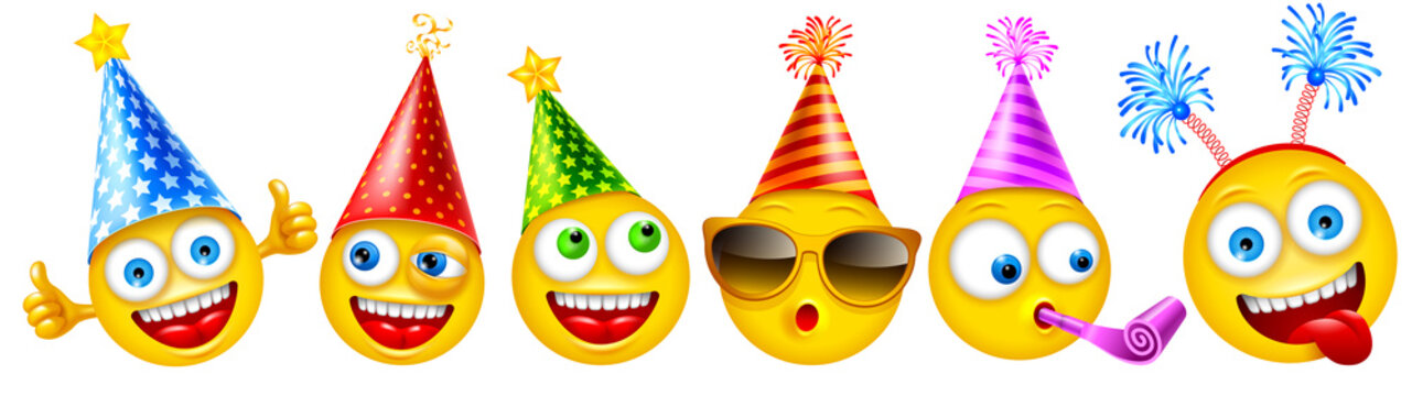Set of cheerful characters of emoji or smileys with festive accessories for birthday party or other events. Vector illustration.