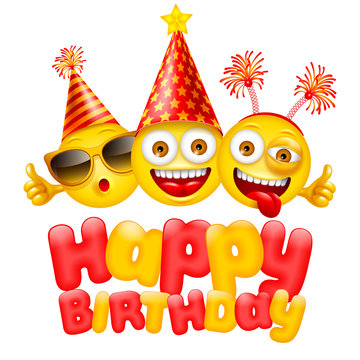 Happy Birthday greeting design with characters of emoji or smileys, cheerful and dressed in festive accessories. Empty space for your text. Vector illustration.