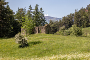 View of a meadow with dilapidated stone hut at blue sky in the swiss alps