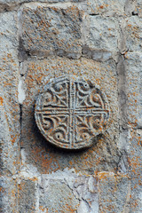Detail from facade of Gergeti Trinity Church in Georgia