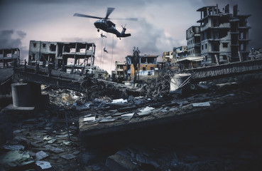 Military forces roping to destroyed city to find leader of enemy.
