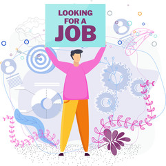 Man raises his job search banner above his head