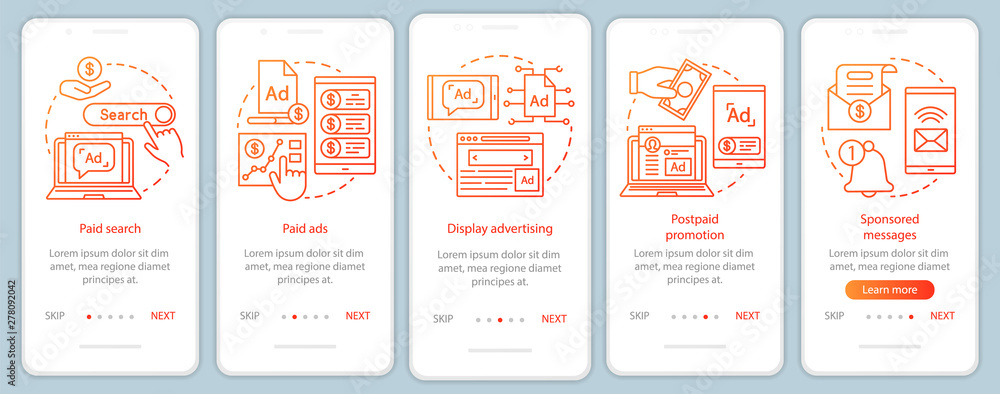 Poster ppc channels orange onboarding mobile app page screen vector template. media marketing, ad networks 