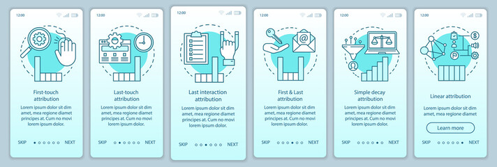 Attribution modeling types turquoise onboarding mobile app page screen vector template. Diagrams, charts walkthrough website steps with linear illustrations. UX, UI, GUI smartphone interface concept