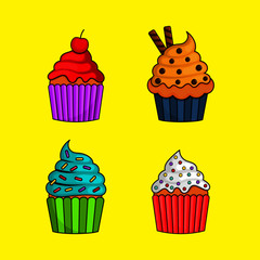 kawaii cute pastel cupcake sweet summer desserts with different types isolated on white background for cafe or restaurant. illustration vector.
