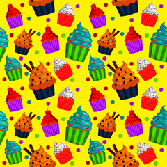cute sweet cupcake seamless pattern. summer desserts on yellow background for cafe or restaurant. illustration vector.