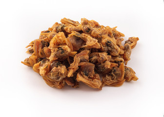 dried small oysters on white background