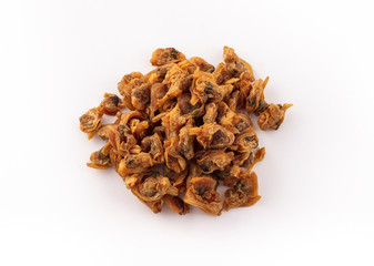 dried small oysters on white background