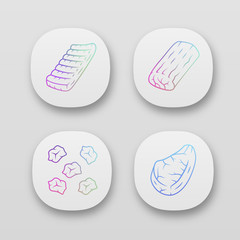 Butchers meat app icons set. Pork roast, pork steak, pre cut meat, beef ribs. Meat production, sale. Butchery business. UI/UX user interface. Web or mobile applications. Vector isolated illustrations