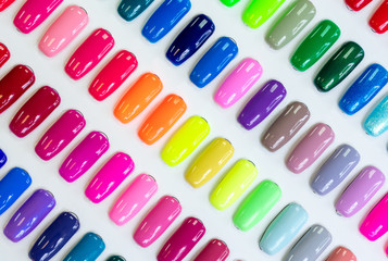 Samples of nail Polish concept. Multicolored trendy beauty pattern. Nail varnish. Top view, flat...