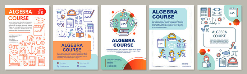 Algebra course, math lessons brochure template layout. Flyer, booklet, leaflet print design with linear illustrations. Vector page layouts for magazines, annual reports, advertising posters - obrazy, fototapety, plakaty