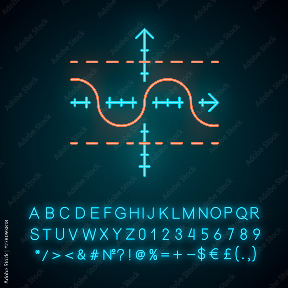 Poster function graph neon light icon. duplicate function. sinusoid. sine curve. diagram. math graph. acous