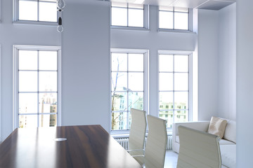 3d rendering of office interior with large window close-up
