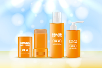 Sunscreen and sunblock cream and stick. Vector realistic 3d illustration of sun protection cosmetics.