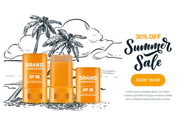 Sale banner, poster design template. Vector realistic 3d illustration of sunscreen stick in open and closed packaging.