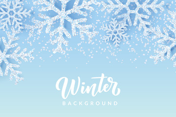 Winter background with realistic snow, snowflakes. Christmas or New Year banner, poster template. Vector illustration.