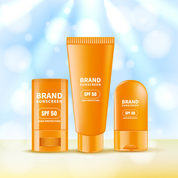 Sunscreen And Sunblock Cream And Stick. Vector Realistic 3d Illustration Of Sun Protection Cosmetics.