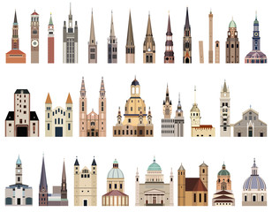 vector collection of city halls, landmarks, cathedrals, temples, churches, palaces and other city's skyline architectural elements - obrazy, fototapety, plakaty