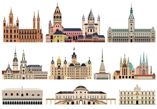 vector collection of city halls, landmarks, cathedrals, temples, churches, palaces and other city's skyline architectural elements