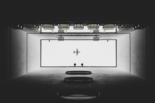grayscale photo of garage
