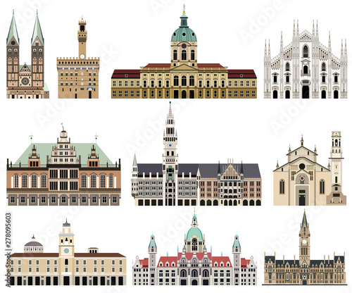 Vector Collection Of High Detailed Isolated City Halls Landmarks Cathedrals Temples Churches Palaces And Other City S Skyline Architectural Elements Wall Mural Brichuas