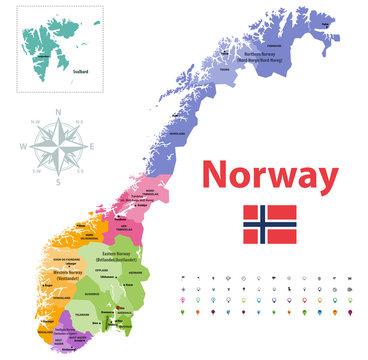 Norway counties vector map, colored by regions