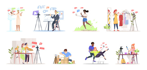 Bloggers streaming flat vector illustrations set. Influencer marketing. Streamers, vloggers cartoon characters. Fashion, online review, culinary vlogs content creators. Live video channel concept