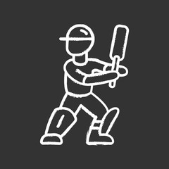 Cricket player chalk icon. Batsman ready to fight off pitch. Cricketer in uniform, leg pads with bat. Sport contest, tournament. Athlete on playground. Isolated vector chalkboard illustration