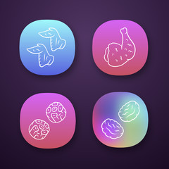 Butchers meat app icons set. Chicken wings, ham, burger patties, oxtails. Butchery business. Meat production and sale. UI/UX user interface. Web or mobile applications. Vector isolated illustrations
